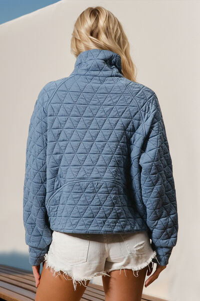 Double Take Half Zip Long Sleeve Quilted Sweatshirt with Pocket 
