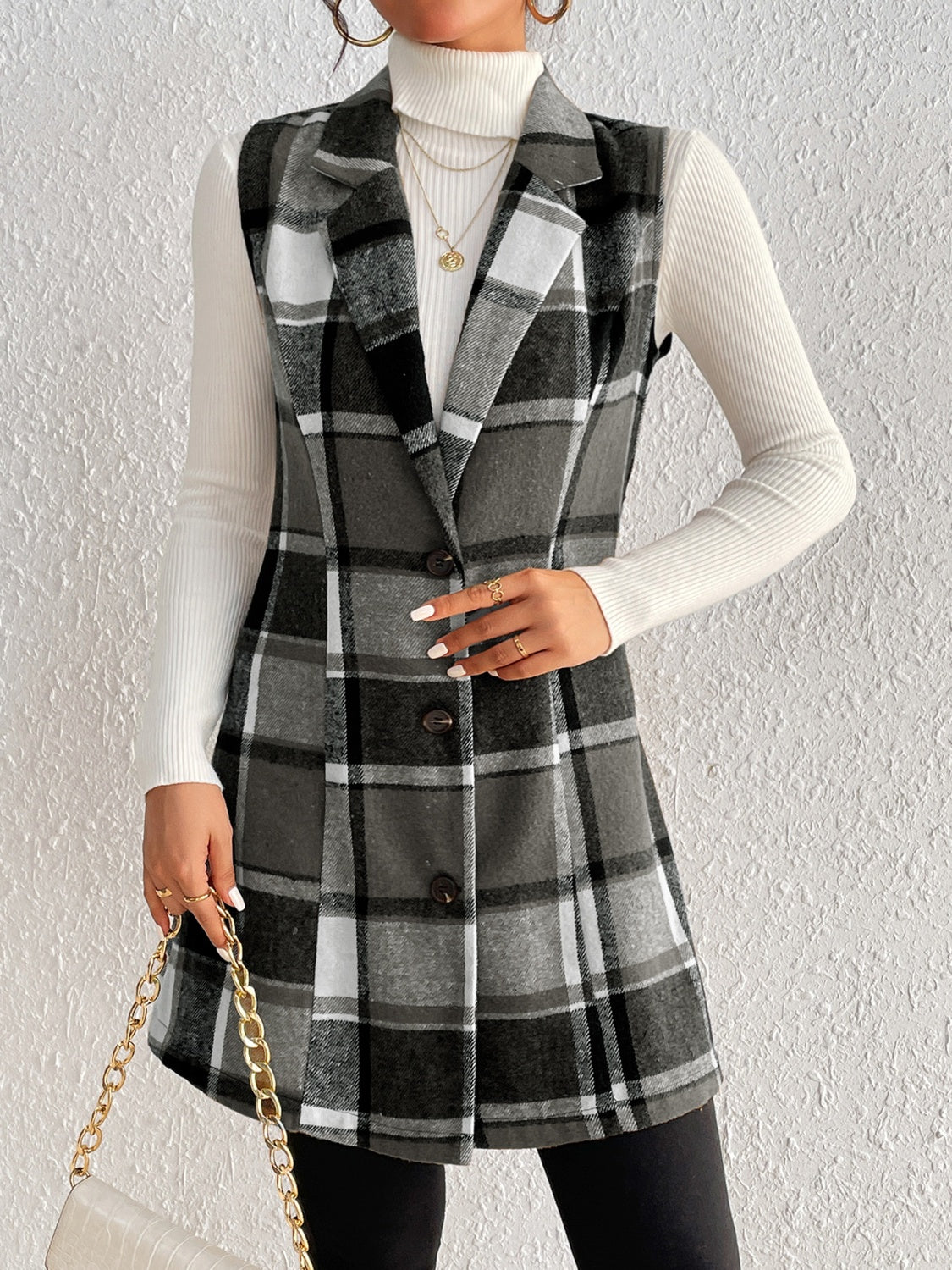 Honey Plaid Button Up Vest Coat 