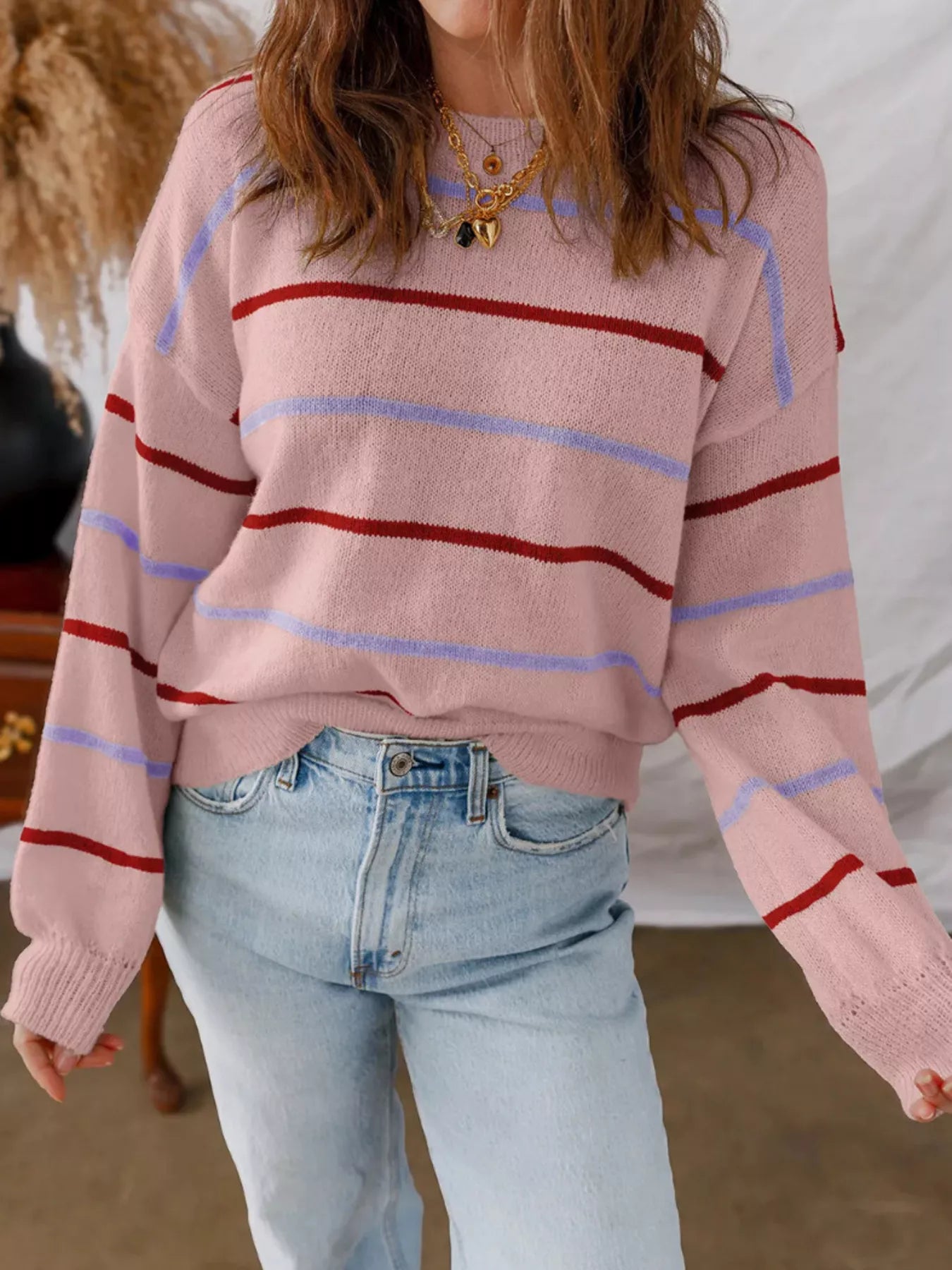 Striped Round Neck Drop Shoulder Sweater 