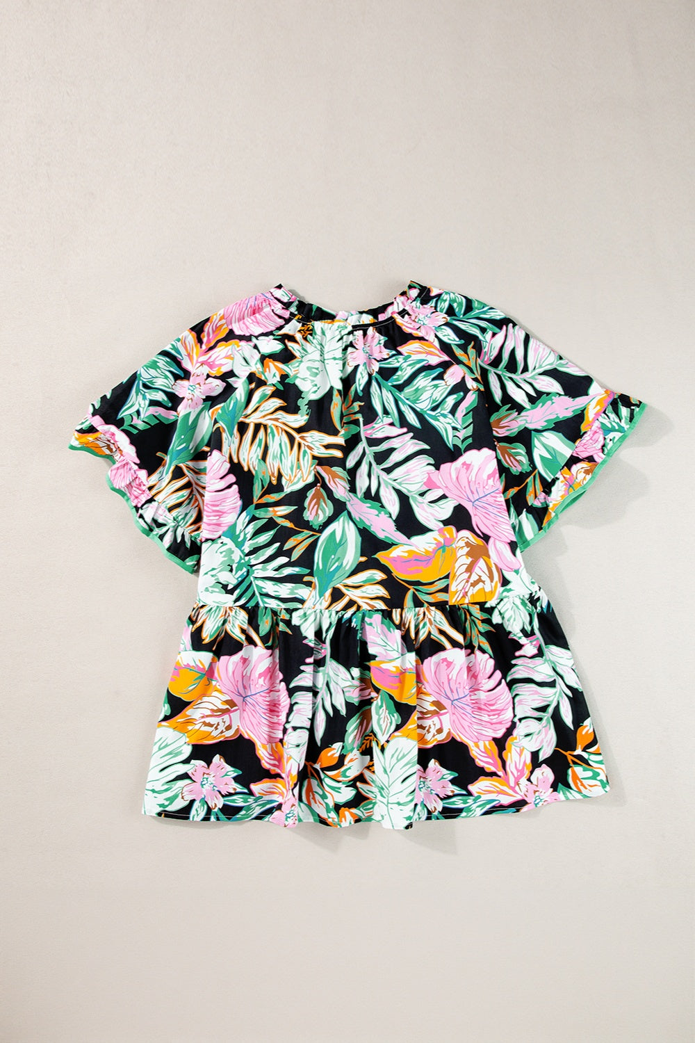 Plus Size Printed Tie Neck Short Sleeve Blouse 