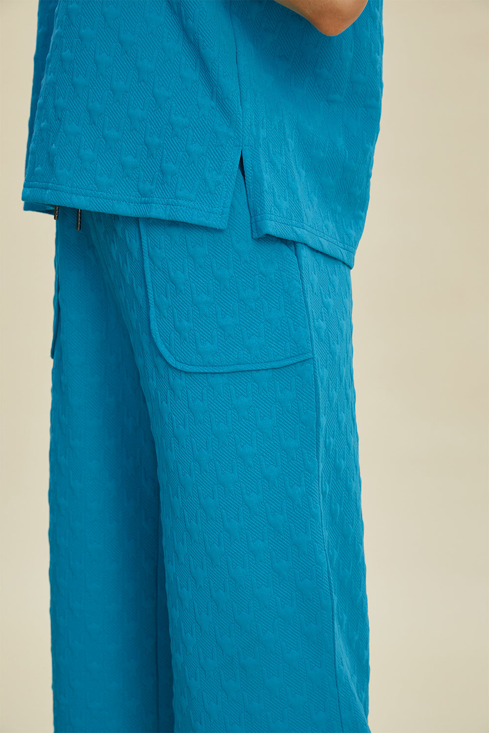 Double Take Full Size Texture Drawstring Short Sleeve Hoodie and Pocketed Pants Set 