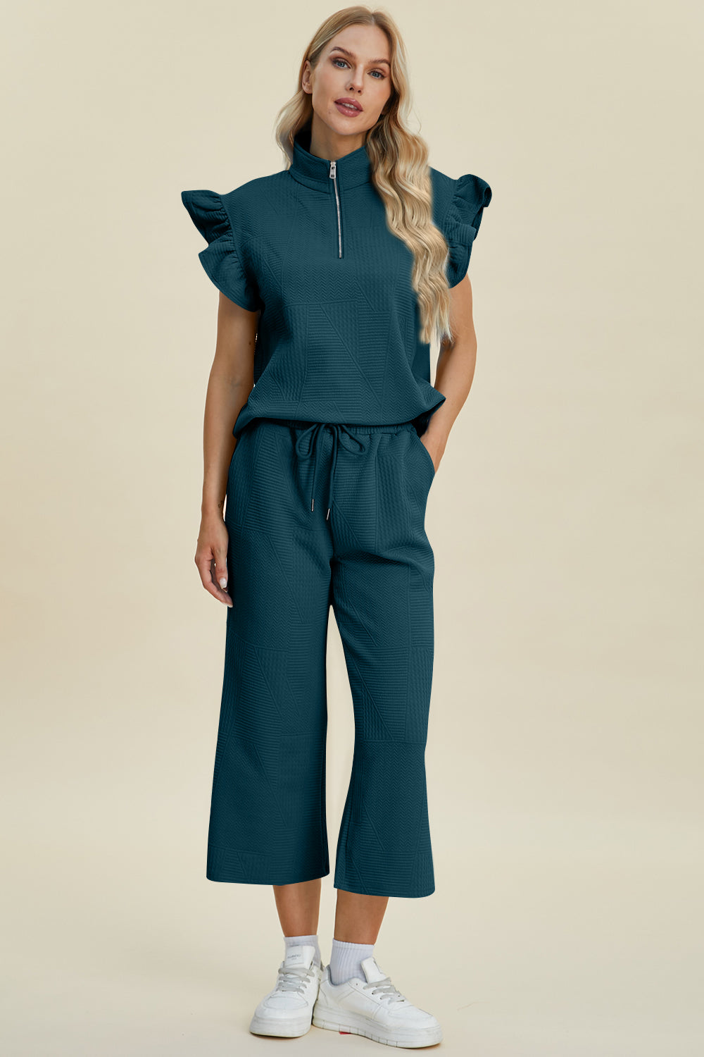 Double Take Full Size Texture Ruffle Short Sleeve Top and Wide Leg Pants Set 