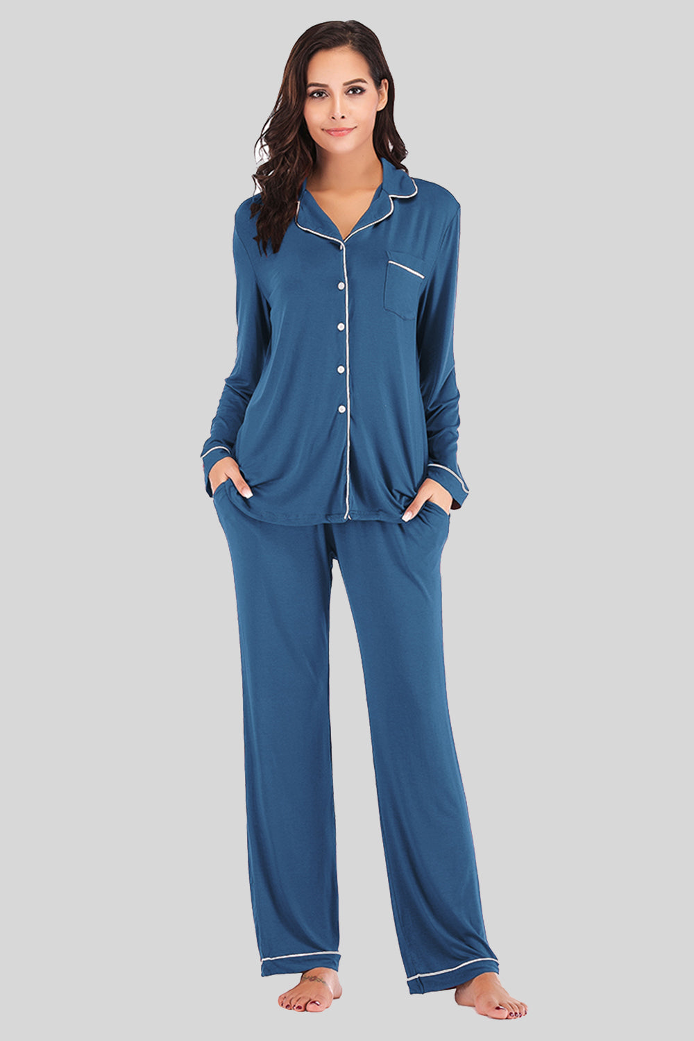 Collared Neck Long Sleeve Loungewear Set with Pockets Lingerie & Nightwear