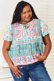 Perfee Floral Tie Neck Short Sleeve Blouse 