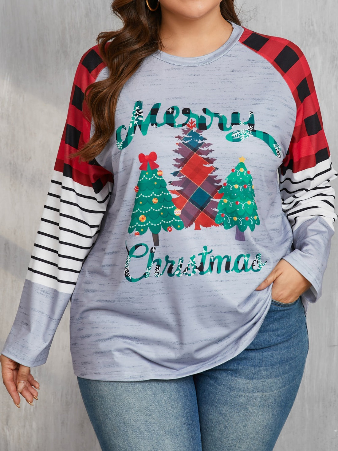 Plus Size Christmas Tree Plaid Round Neck Long Sleeve T-Shirt 