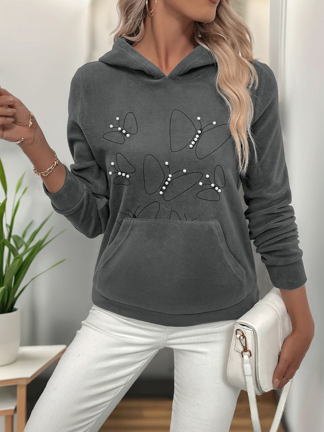 Perfee Pearl Butterfly Long Sleeve Hoodie 
