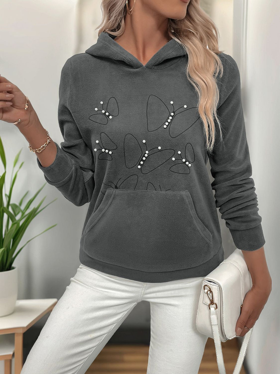 Perfee Pearl Butterfly Long Sleeve Hoodie 