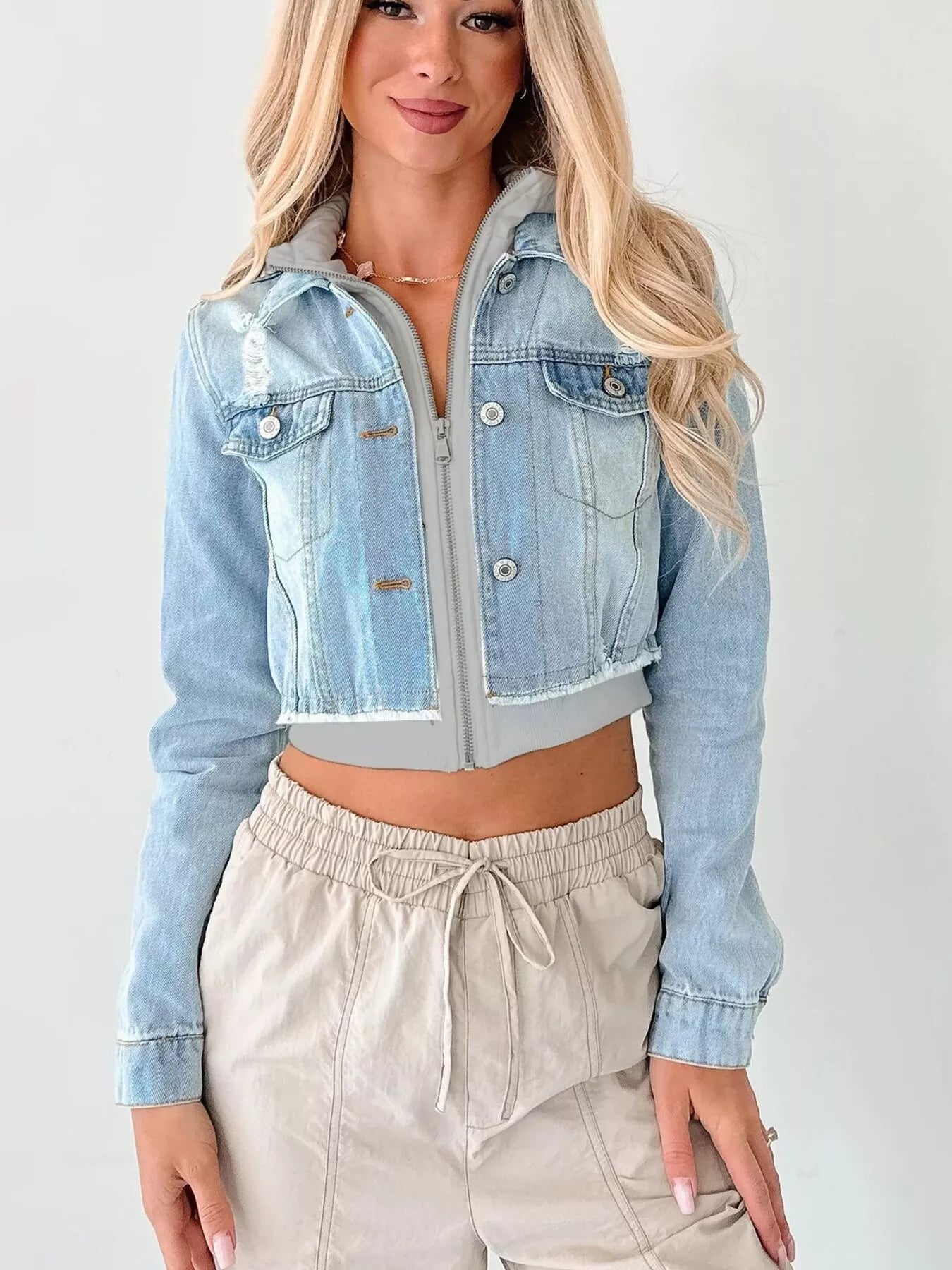 Distressed Zip Up Cropped Hooded Denim Jacket 