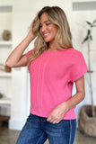 Double Take Full Size Cable-Knit Round Neck Short Sleeve Sweater 