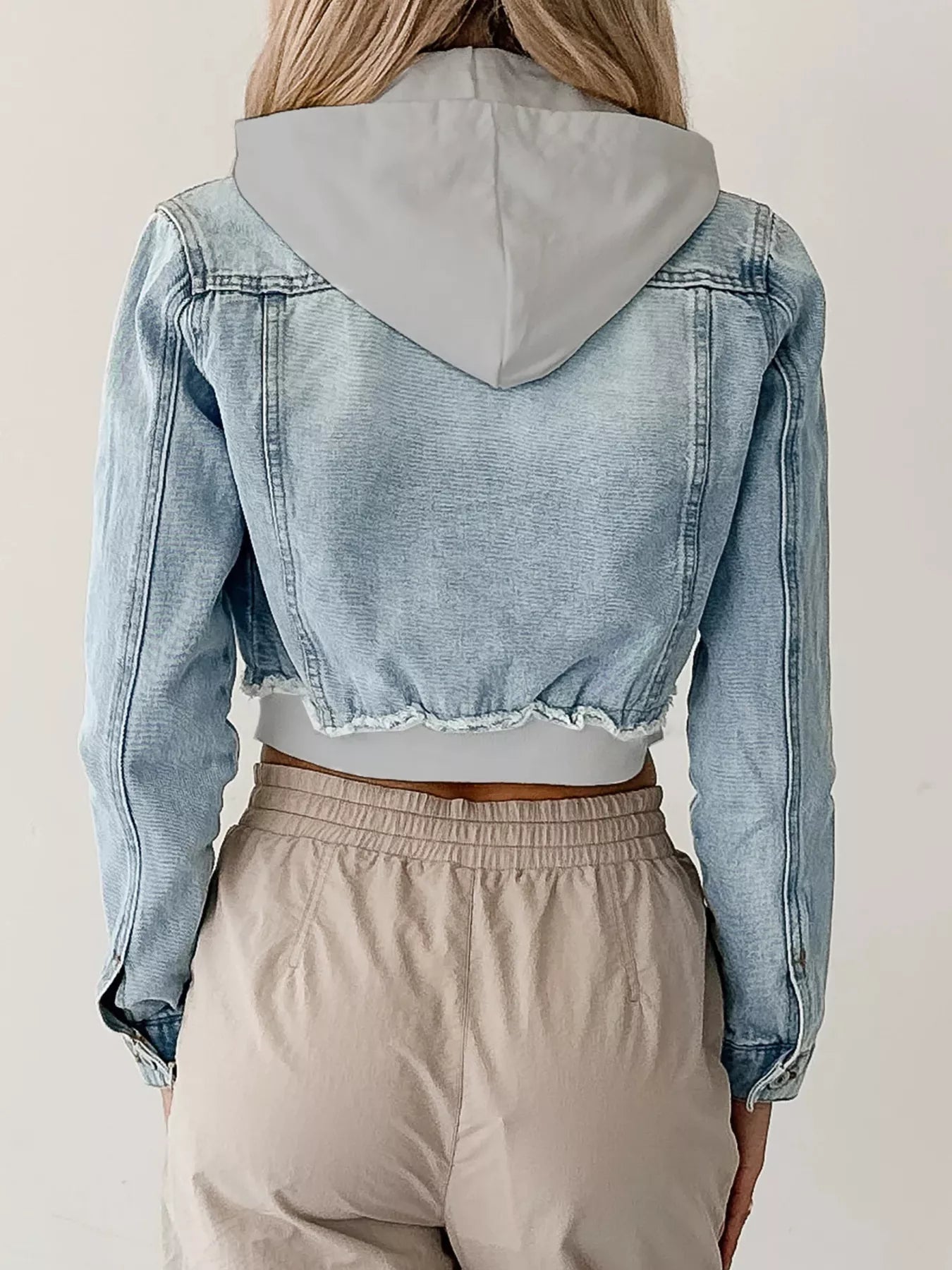 Distressed Zip Up Cropped Hooded Denim Jacket 