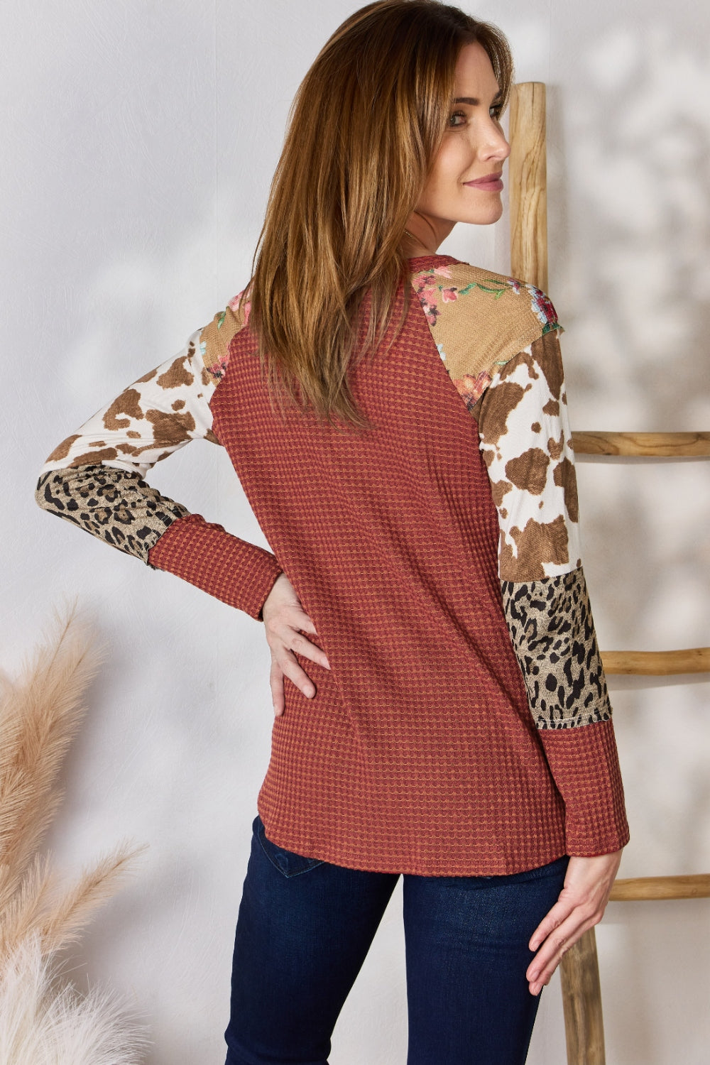 Hailey & Co Full Size Leopard Waffle-Knit Blouse 