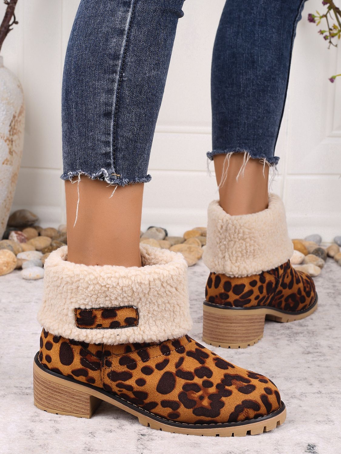 Leopard Block Heel Fuzzy Boots 
