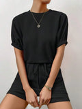 Waffle-Knit Round Neck T-Shirt and Pocketed Shorts Lounge Set Lingerie & Nightwear