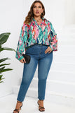 Plus Size Printed Johnny Collar Long Sleeve Blouse 