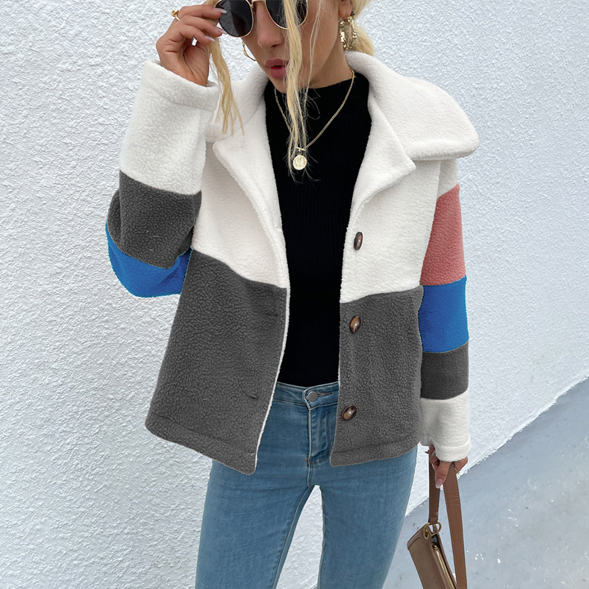 Shiny Color Block Button Down Collared Jacket 
