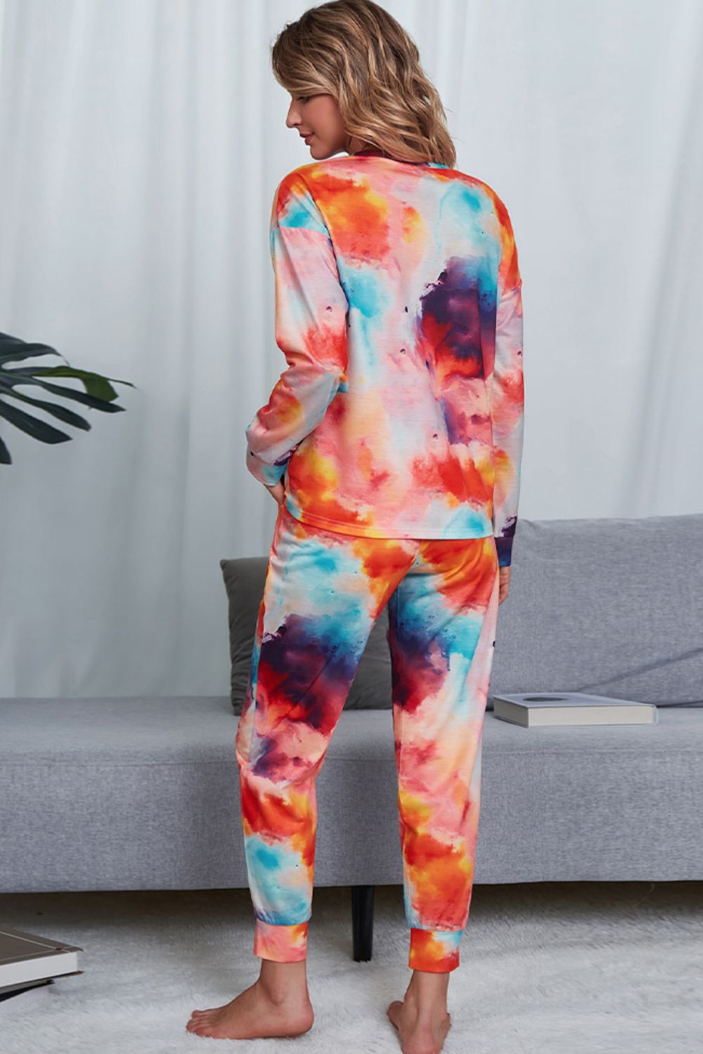 Shiny Tie-Dye Crewneck Top and Drawstring Waist Joggers Lounge Set Lingerie & Nightwear