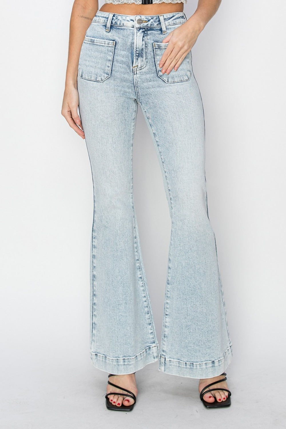 Risen Full Size High Rise Front Patch Pocket Flare Jeans 