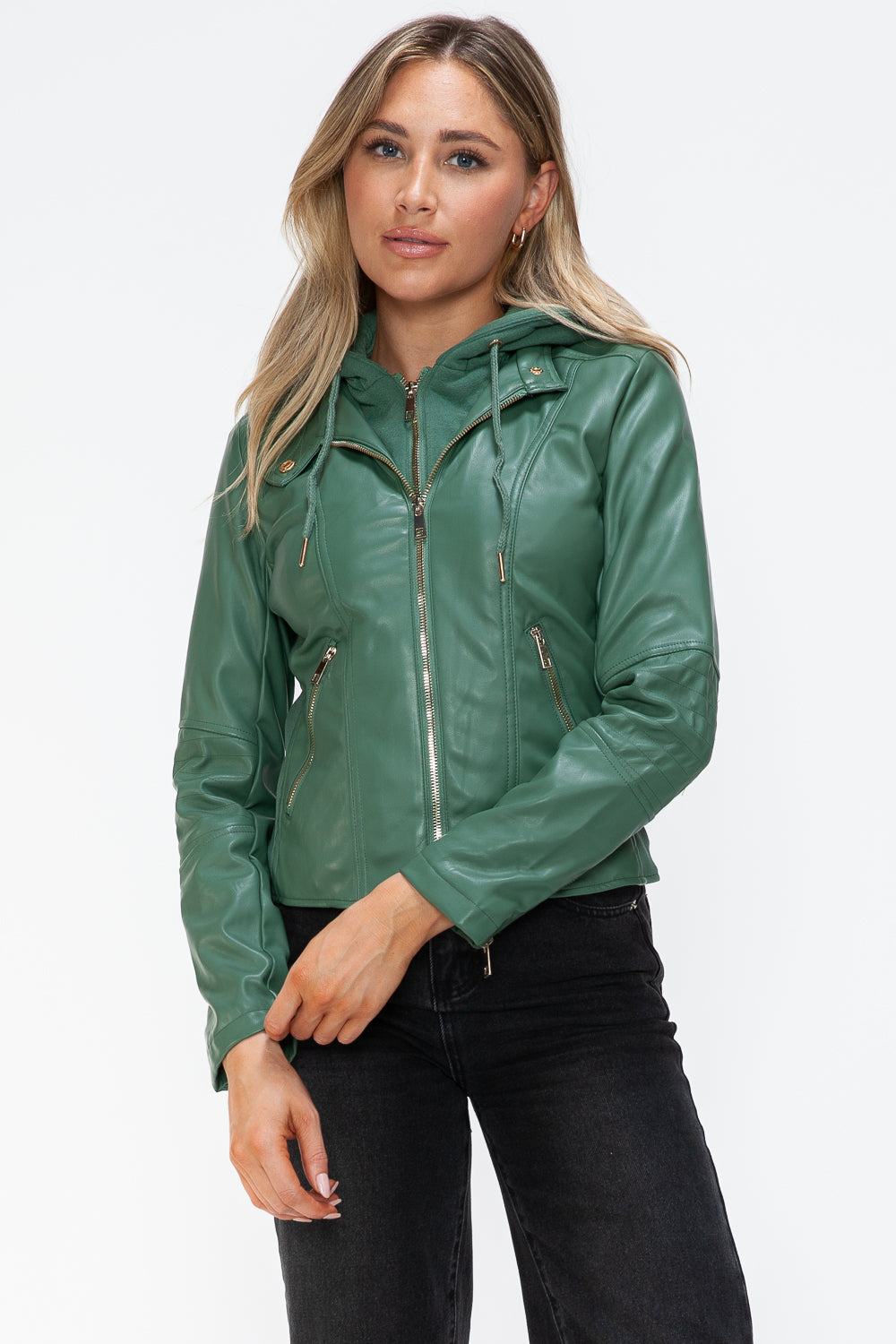 Snobbish Faux Leather Zip Up Drawstring Hooded Jacket 