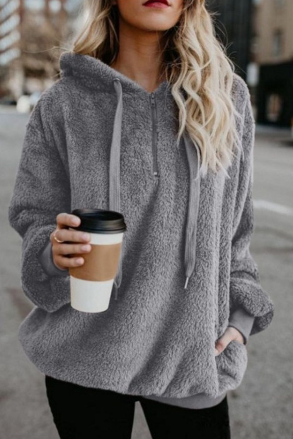 Full Size Quarter-Zip Drawstring Teddy Hoodie 
