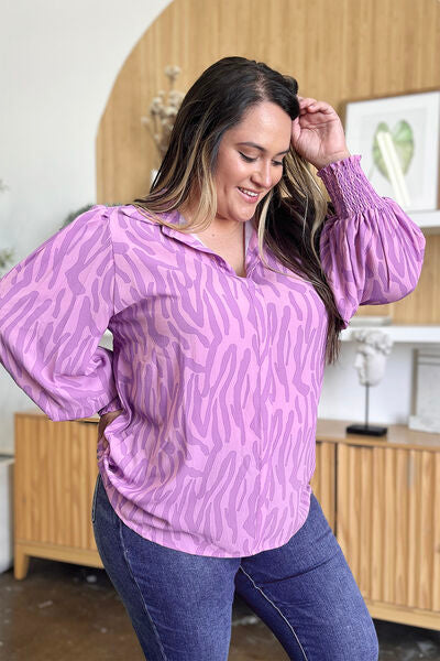 Double Take Full Size Printed Smocked Long Sleeve Blouse 