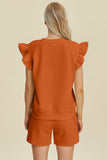 Double Take Full Size Texture Round Neck Ruffle Sleeve Top and Shorts Set 