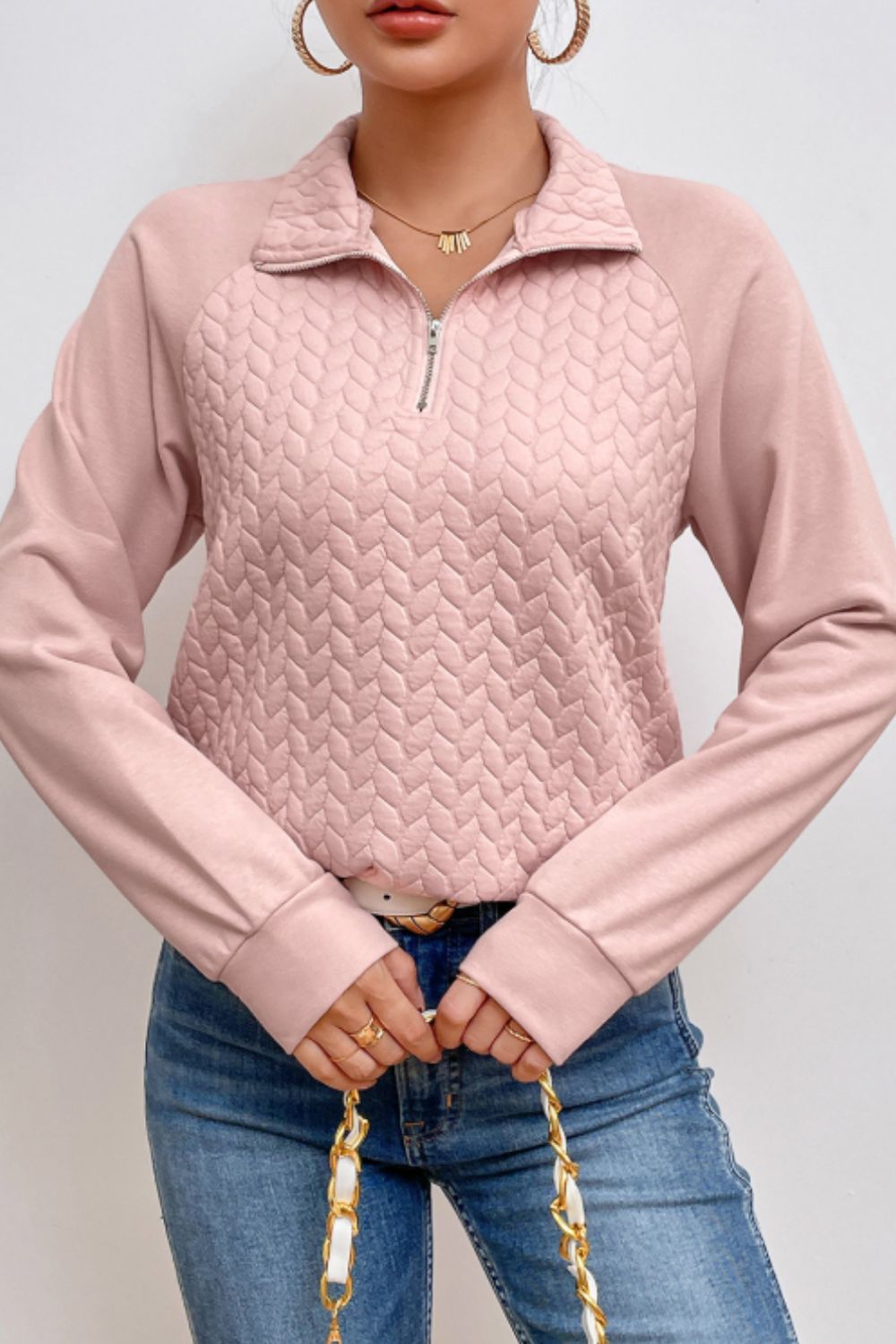 Textured Quarter Zip Long Sleeve Sweatshirt 