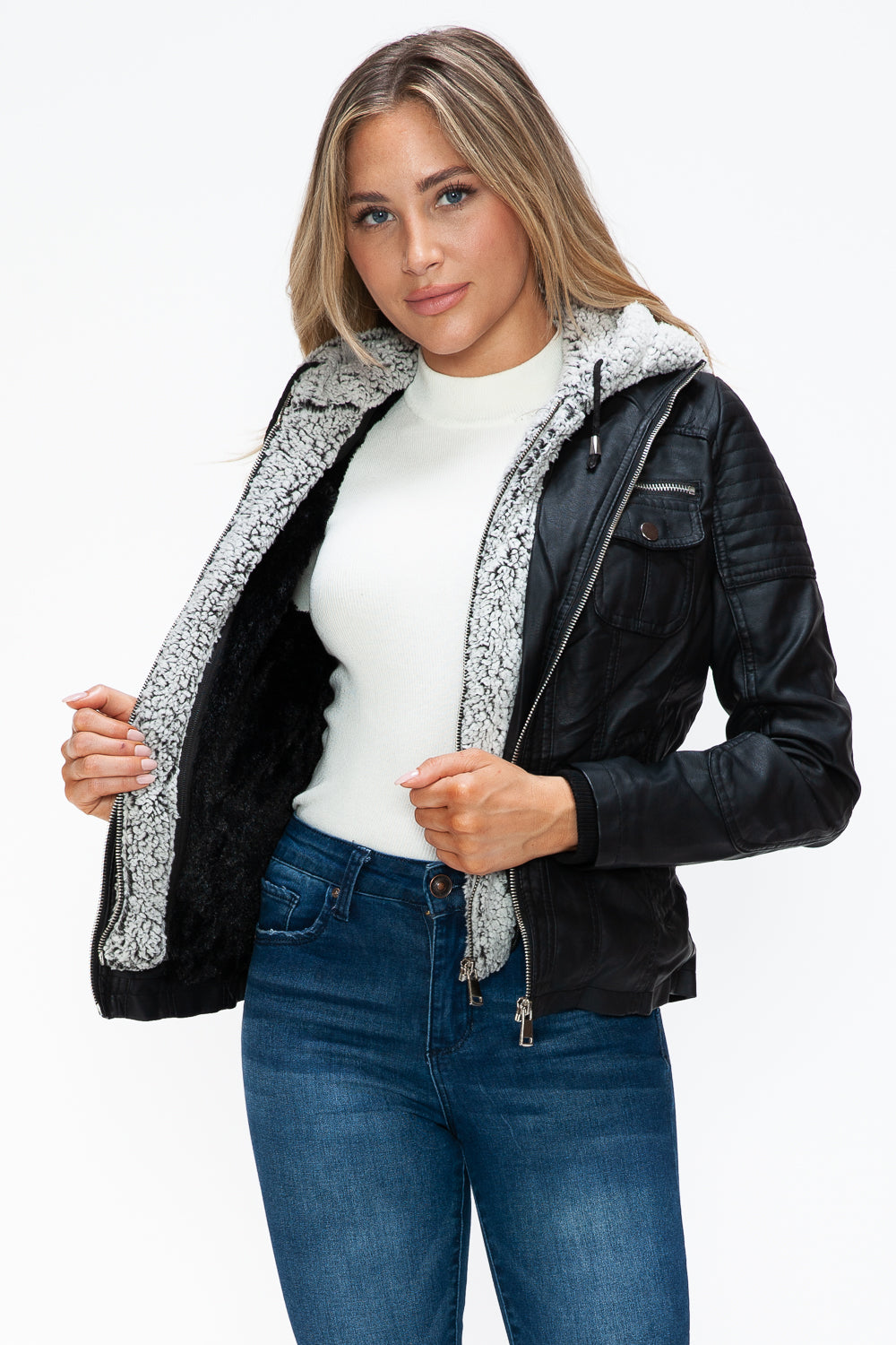 YMI Removable Faux Layered Multi-Pocket Jacket with Fuzzy Hood 