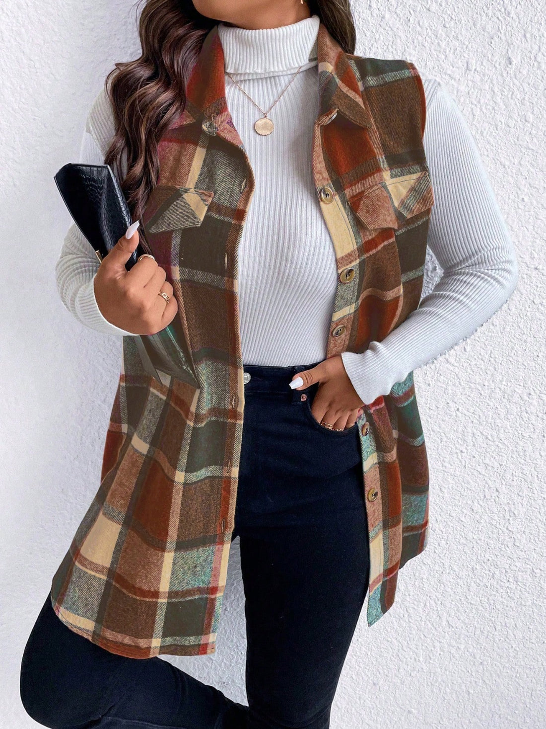 Honey Plus Size Pocketed Plaid Button Up Vest Coat 