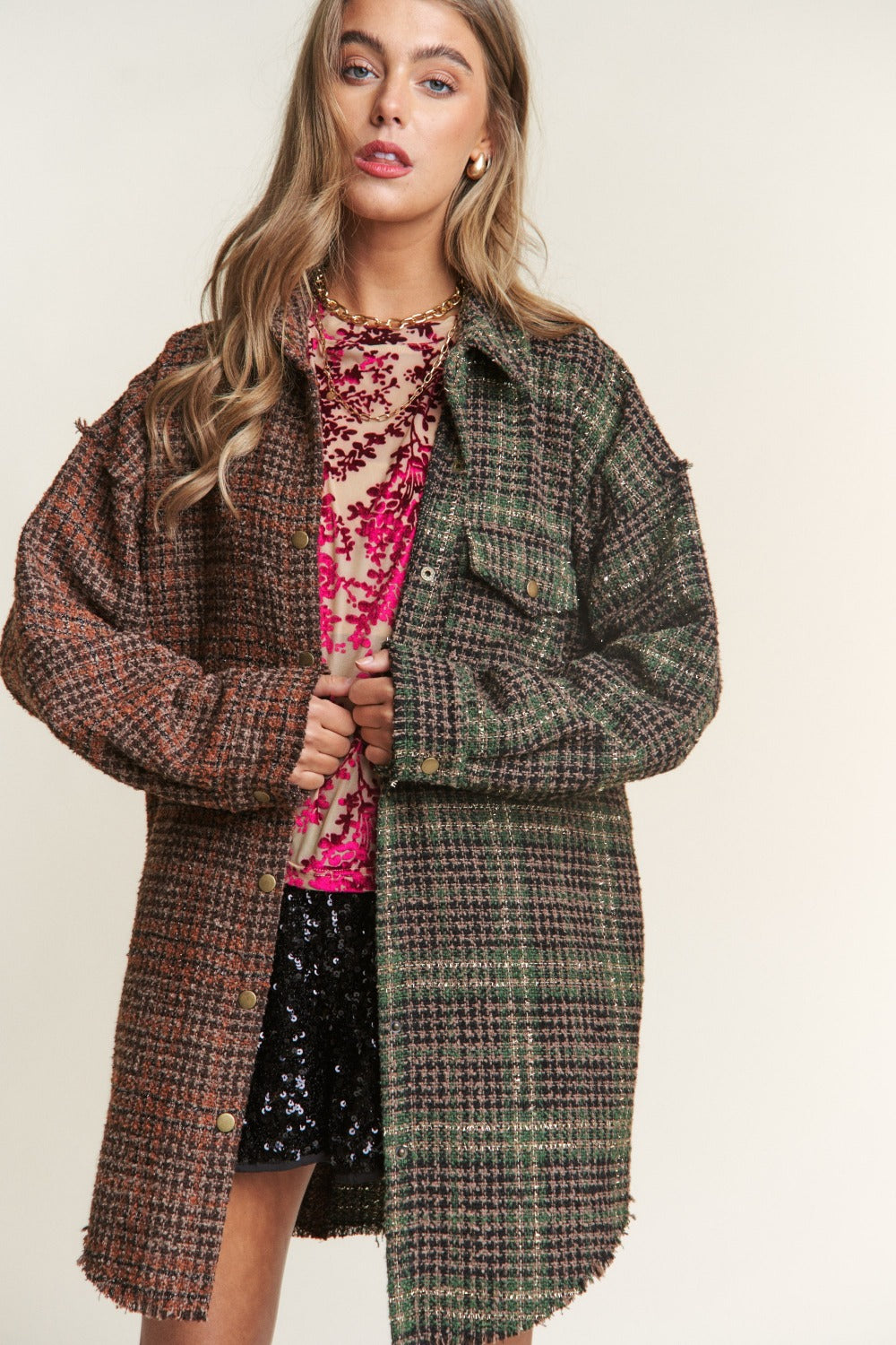 J.NNA Snap Down Tweed Plaid Contrast  Longline Shacket 