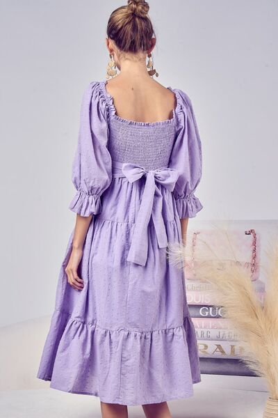 BiBi Swiss Dot Flounce Sleeve Smocked Tiered Midi Dress Dresses