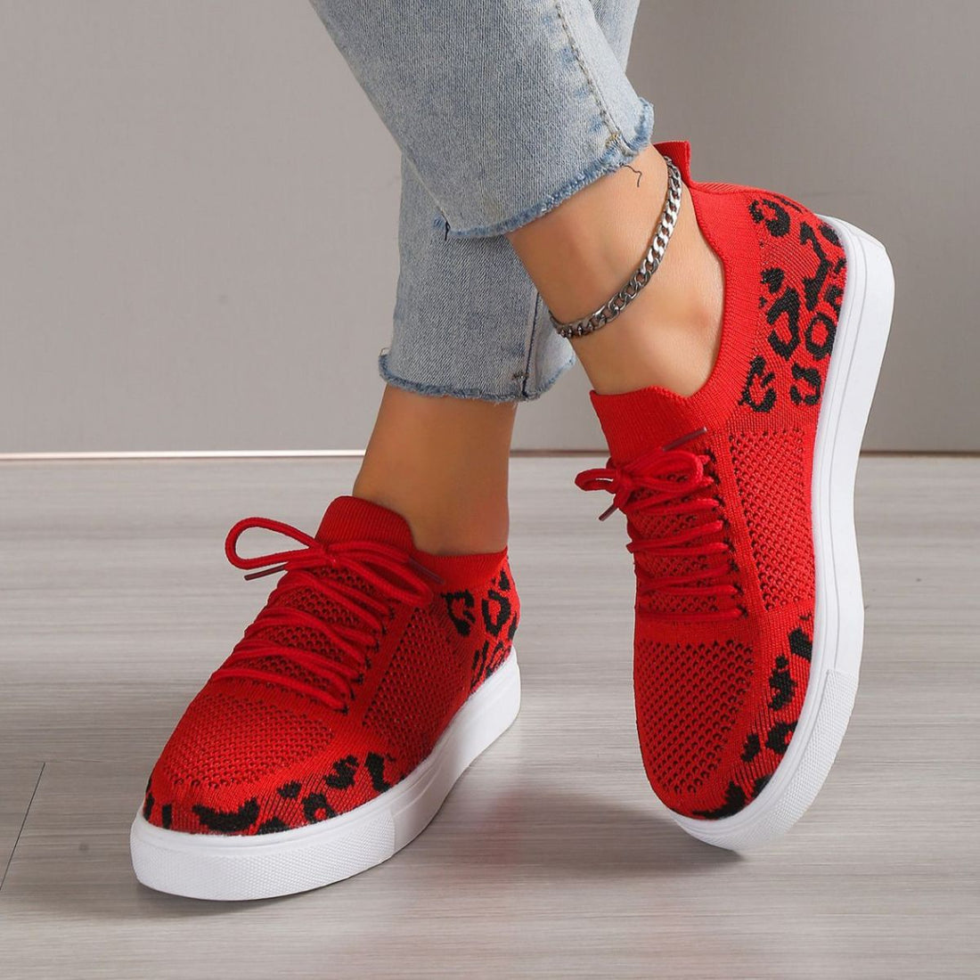Lace-Up Leopard Flat Sneakers 