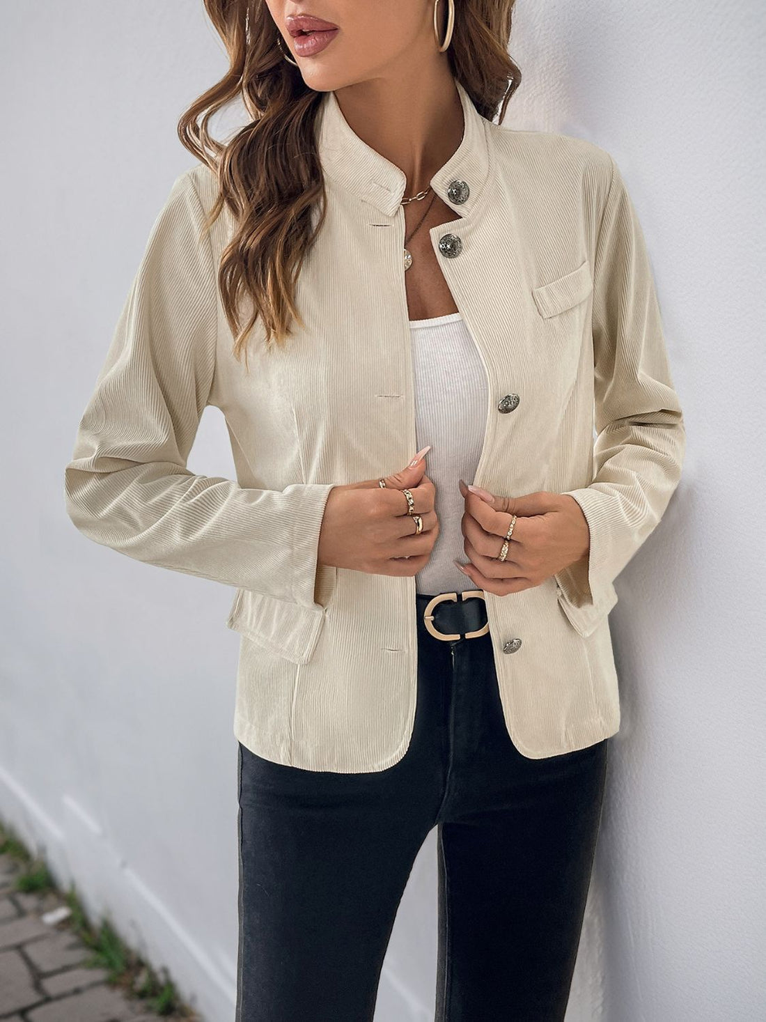 Perfee Button Up Mock Neck Jacket 