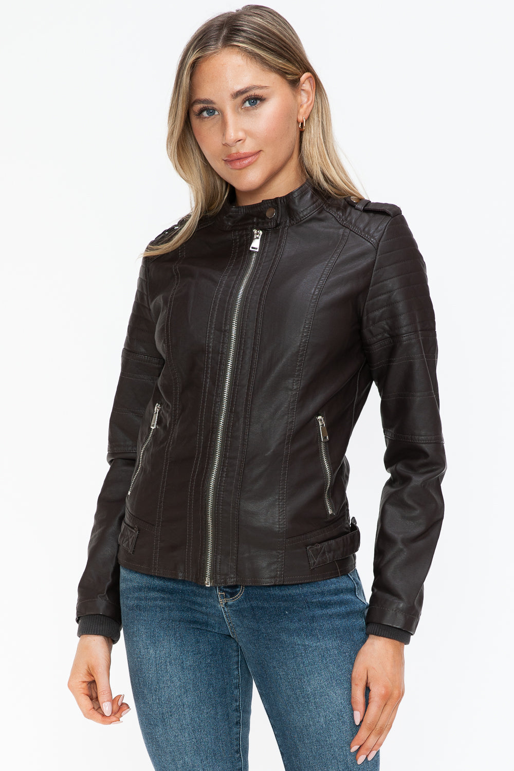 Snobbish PU Leather Biker Jacket with Side Zip Pockets 
