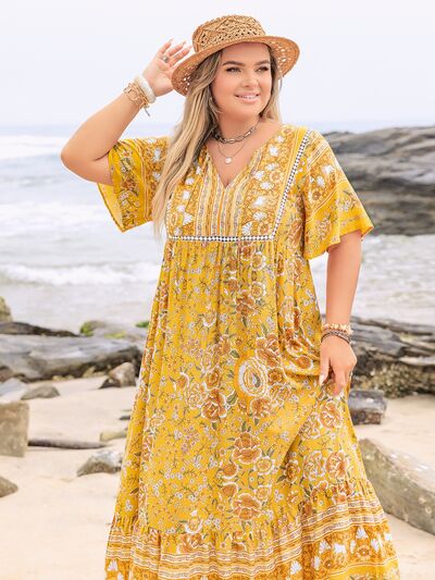 Plus Size Floral Tie Neck Flutter Sleeve Maxi Dress Dresses