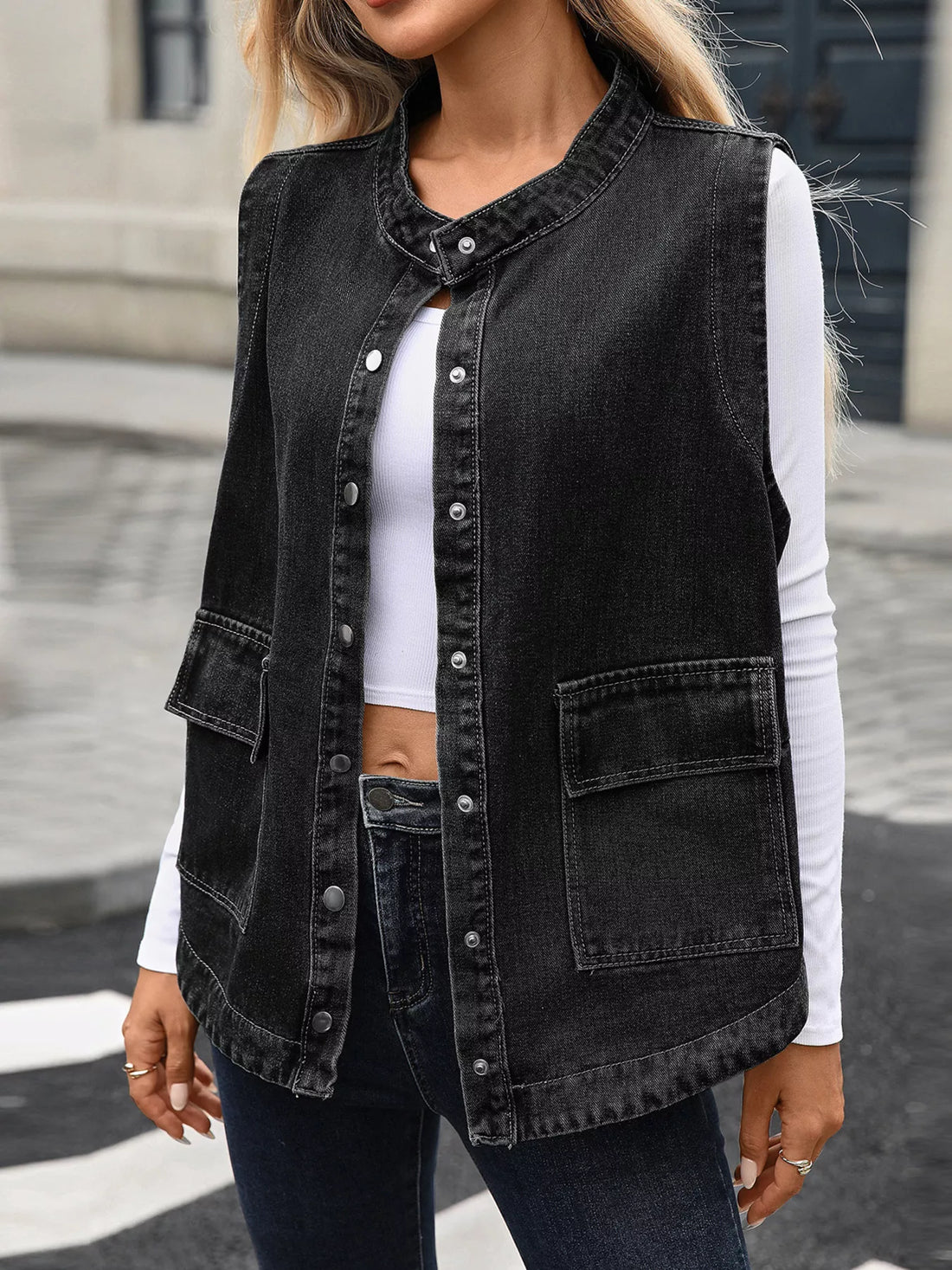 Snap Down Sleeveless Denim Jacket 