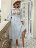 Plus Size Printed Tie Neck Long Sleeve Midi Dress 