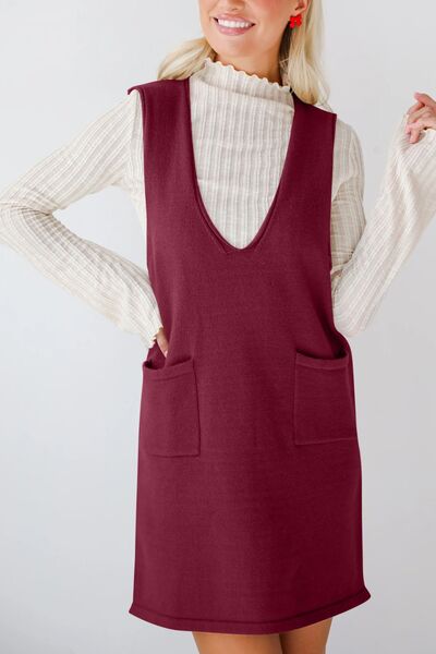 Lovelet Pocketed V-Neck Mini Sweater Overall Dress Dresses