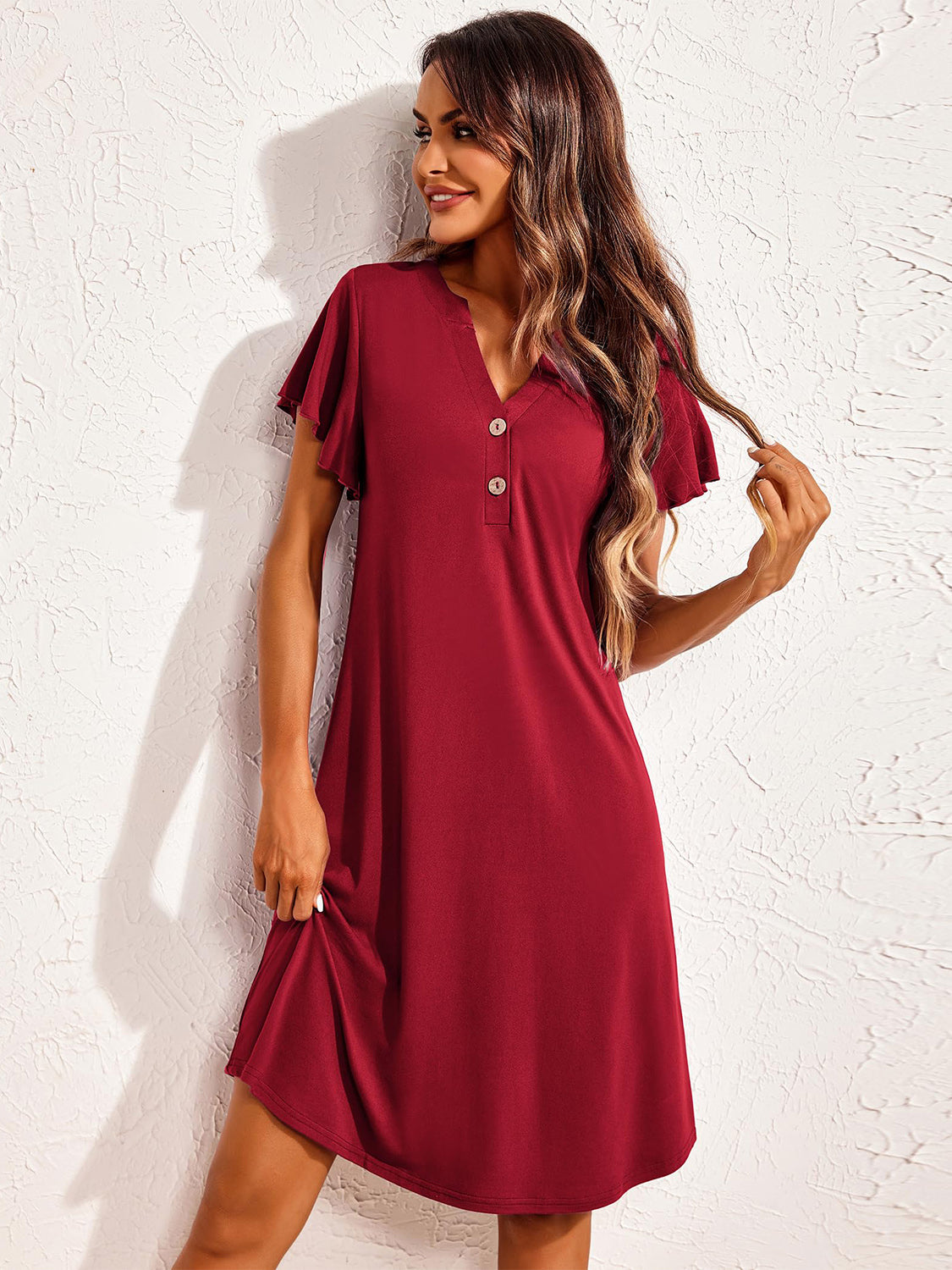 Notched Short Sleeve Lounge Dress 