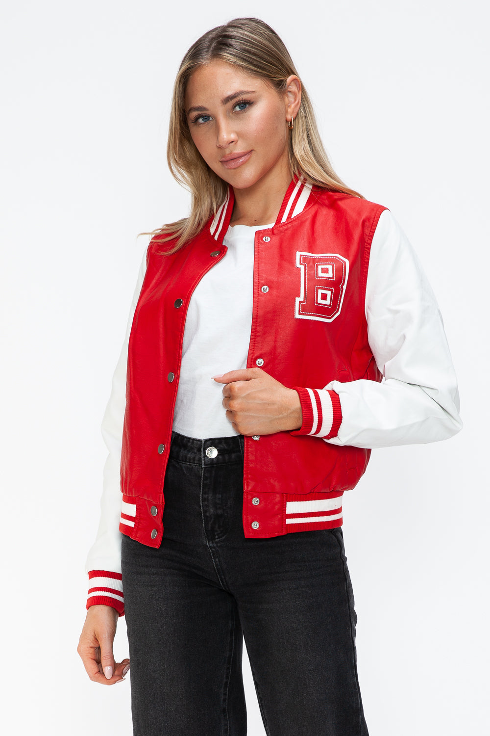 Love Me Now PU Leather Contrast Snap Down Bomber Jacket 
