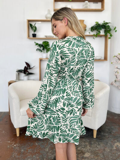 Double Take Full Size Printed Ruched Balloon Sleeve Dress 