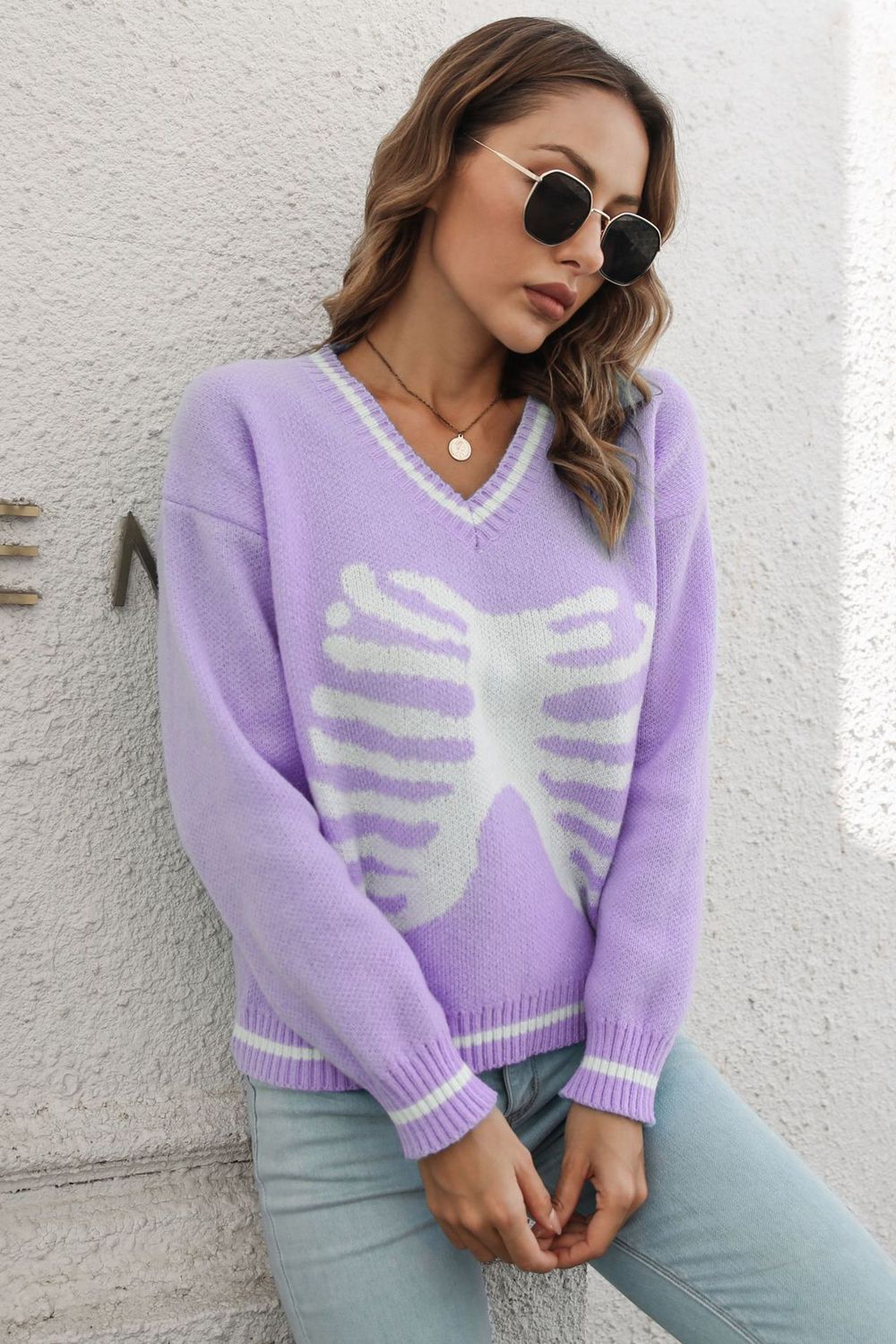 Skeleton Pattern V-Neck Long Sleeve Pullover Sweater 