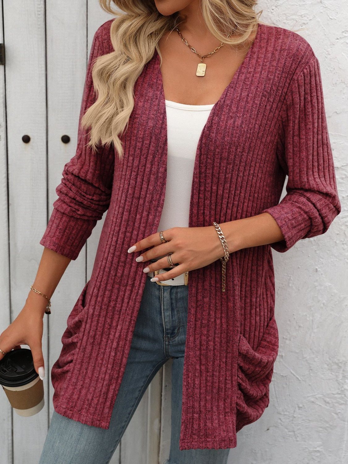 Mandy Open Front Long Sleeve Ribbed Cardigan 