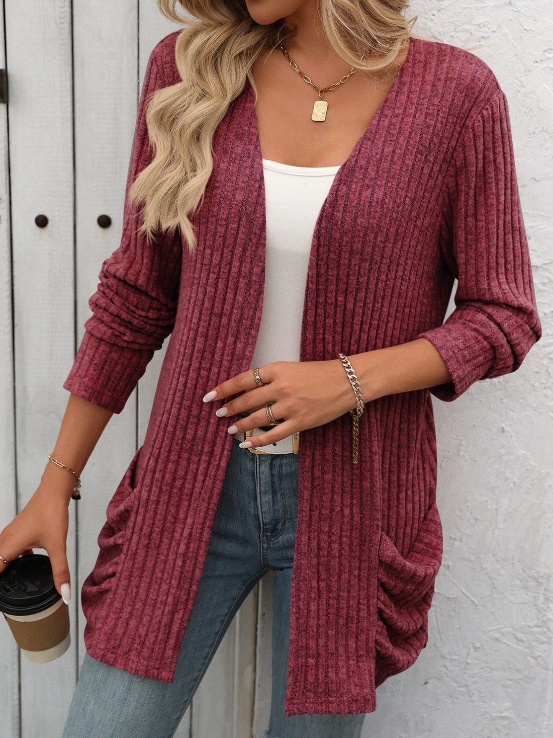 Mandy Open Front Long Sleeve Ribbed Cardigan 