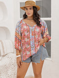 Plus Size Printed Tie Neck Balloon Sleeve Blouse 