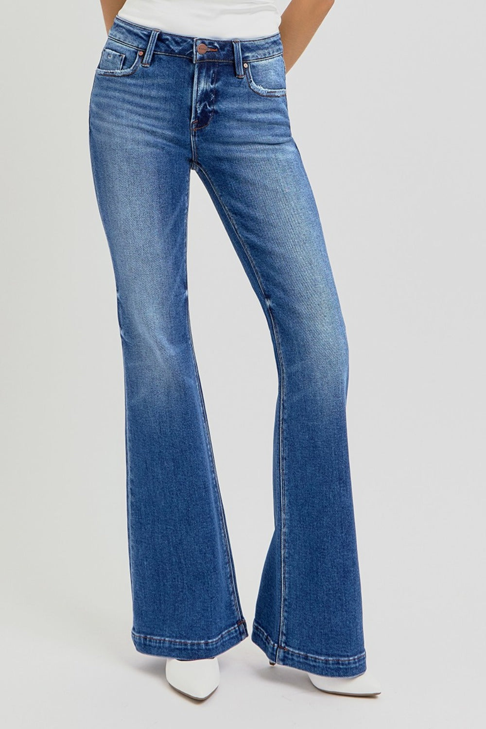 RISEN Full Size Low Rise Flare Jeans with Pockets 