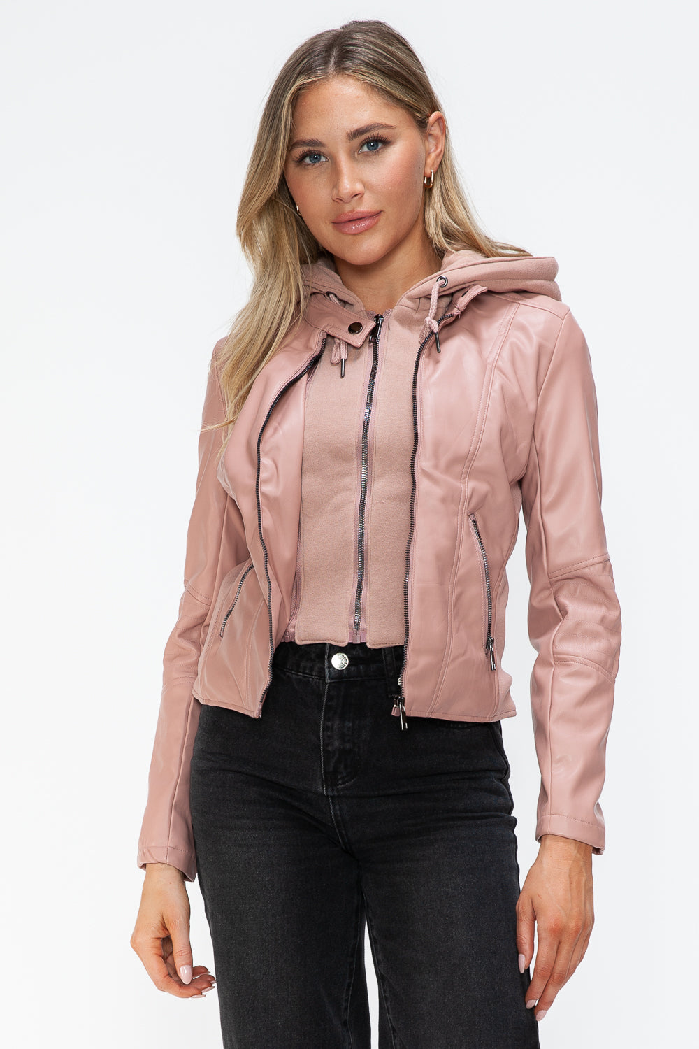 Snobbish Faux Leather Zip Up Drawstring Hooded Jacket 