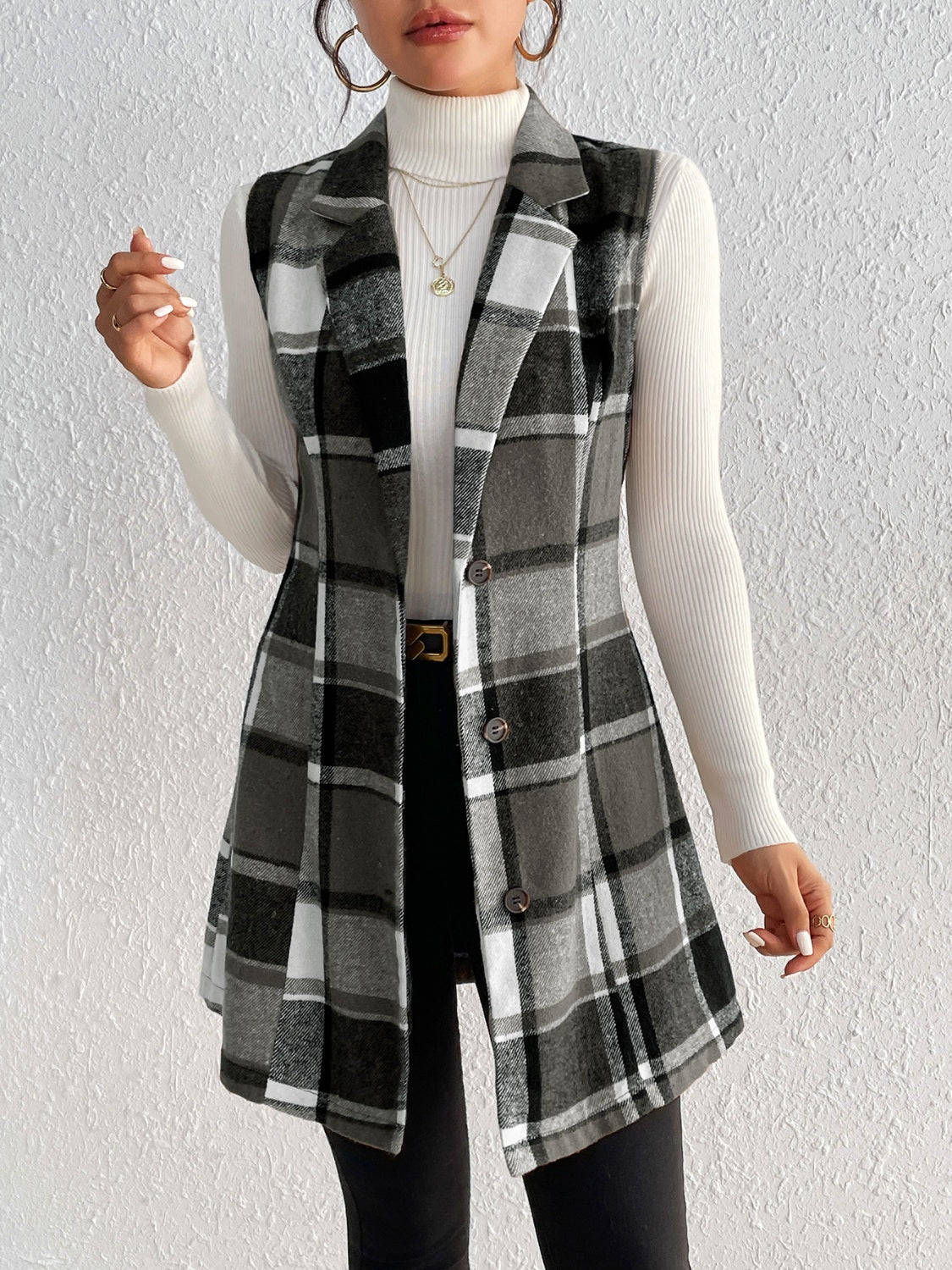 Honey Plaid Button Up Vest Coat 