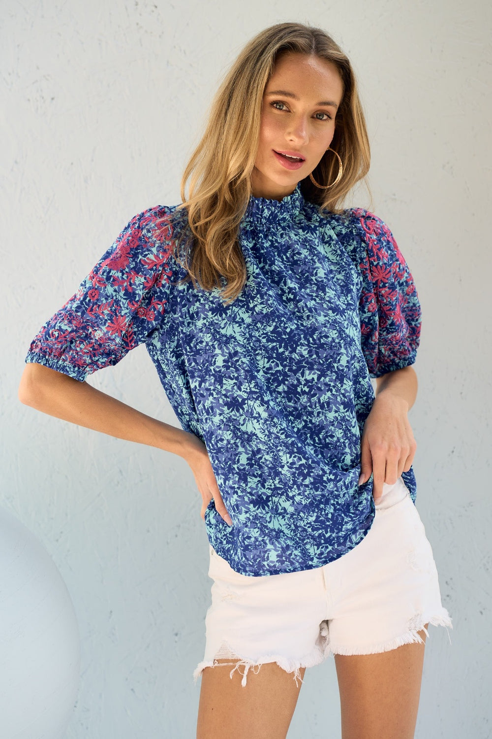 Hailey & Co Embroidered Puff Sleeve Printed Blouse 