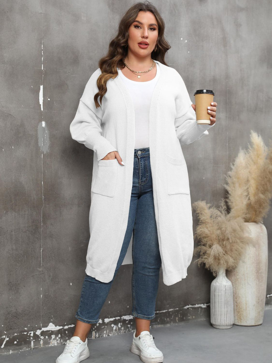 Plus Size Long Sleeve Pocketed Cardigan 