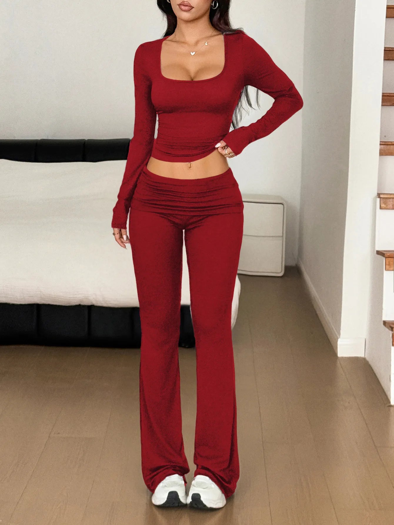 Long Sleeve Crop Top and Bootcut Pants Set Two Piece Dresses